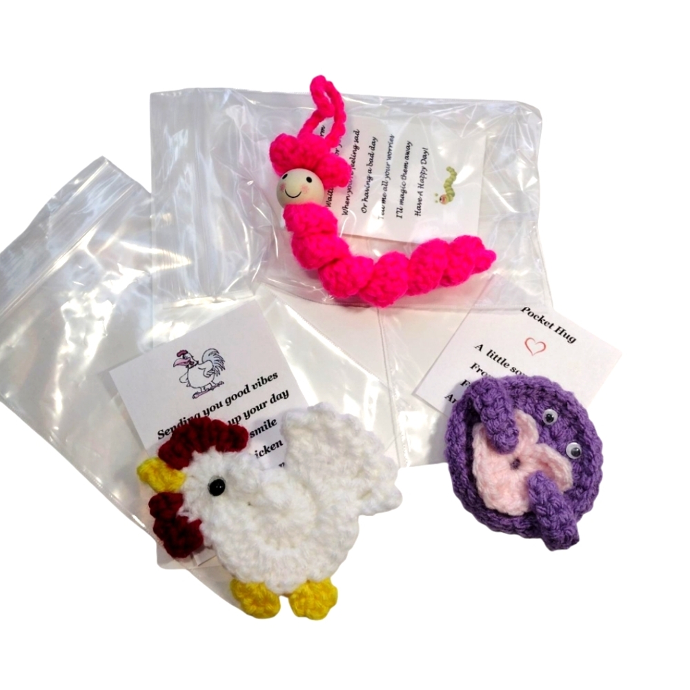 Handcrafted Worry Worm, Good Vibes Chicken & Pocket Hug Fidgets Set Of 3
